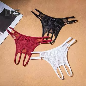 Сексуальные прозрачные кружевные стринги с цветочной вышивкой, металлическое кольцо, бант, декор, открытые промежность, тонкие трусы с низкой посадкой