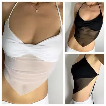 Сексуальные прозрачные сетчатые топы с лямкой на шее, женские однотонные корейские укороченные топы с v-образным вырезом и открытой спиной, модная корейская футболка 90 s One size чёрный