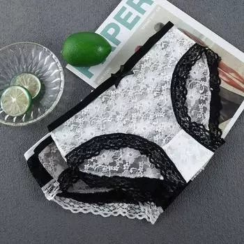 Сексуальные прозрачные сетчатые трусики средней посадки с цветочным бантом и кружевом, корейское нижнее белье для женщин L