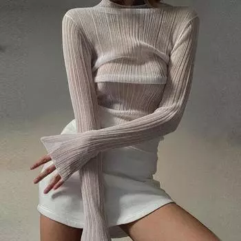 Сексуальные прозрачные женские топы с длинными рукавами и воротником-стойкой, модная уличная одежда, футболки, элегантная женская тонкая одежда S розовый