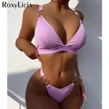 Сексуальные ребристые металлические кольца, мягкий бикини, женский купальник, женский купальник, комплект бикини из двух частей, купальный костюм, купальный костюм для леди S фиолетовый