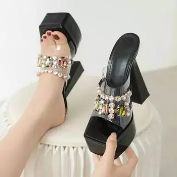 Сексуальные роскошные прозрачные босоножки из ПВХ с широкими полосами и цветными кристаллами для женщин на платформе с квадратным высоким каблуком в стиле банкет в римском стиле 35