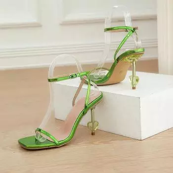 Сексуальные розовые босоножки с открытым носком и узким ремешком на пряжке, зеленые квадратные туфли на тонком высоком каблуке цвета конфетной любви 35
