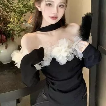 Сексуальные рубашки, женские рубашки с разрезом на шее, с открытыми плечами, сетчатая лоскутная винтажная блузка, тонкие элегантные укороченные топы с длинными рукавами, шикарные one size хаки