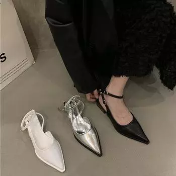 Сексуальные сандалии Mary Jane с острым носком на плоской подошве, женская обувь 2024 года, модные черные босоножки Baotou с пряжкой на низком каблуке Zapatillas Mujer 34 чёрный