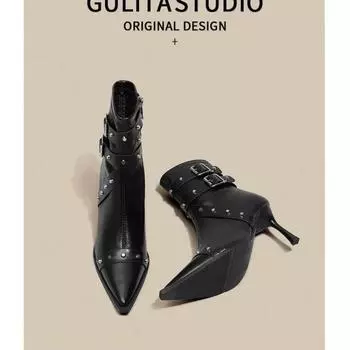 Сексуальные сапоги до колена 2024 зимние сапоги фирменный дизайн супер высокие тонкие каблуки с заклепками ретро мода крутая женская обувь большой размер 40 35 чёрный