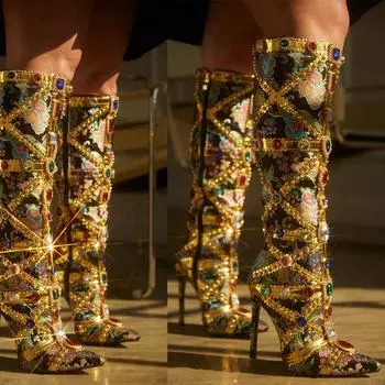 Сексуальные сапоги до колена с острым носком для женщин, туфли на тонком высоком каблуке, с драгоценными камнями, кристаллами, блестящими молниями сбоку, современные сапоги 35 чёрный