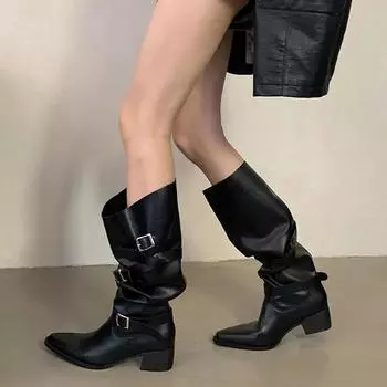 Сексуальные сапоги из мягкой кожи с острым носком и искусственной кожей, женские модные сапоги с металлической пряжкой на ремне, рыцарские сапоги для женщин Botas Altas 35