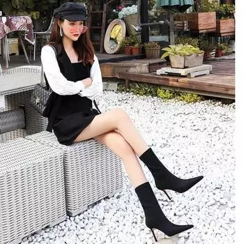 Сексуальные сапоги-носки на высоком каблуке, женские сапоги до середины голени, остроносые, из эластичной ткани, на тонком каблуке, женские сапоги, осенне-зимняя обувь, женские ботильоны 35