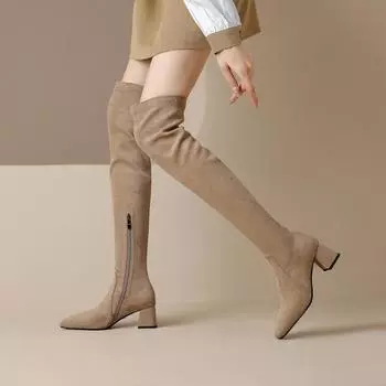 Сексуальные сапоги выше колена на высоком каблуке, женские эластичные сапоги до бедра, женские осенне-зимние замшевые сапоги на толстом каблуке, длинные сапоги 35