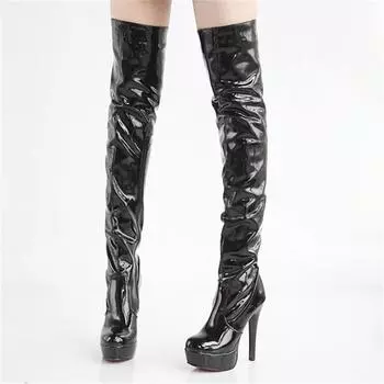 Сексуальные сапоги выше колена на высоком каблуке, женские, с круглым носком и платформой, белые, фетиш, высокие сапоги, женская обувь, зимняя обувь для женщин 34 чёрный