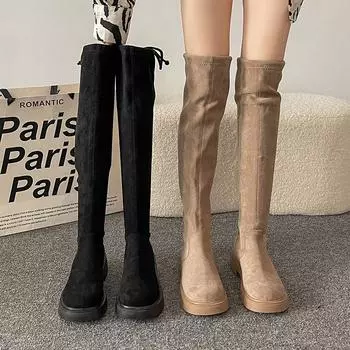 Сексуальные сапоги выше колена женские женские туфли замшевые длинные женские сапоги зимняя мода мягкие высокие сапоги зимняя обувь 35 чёрный