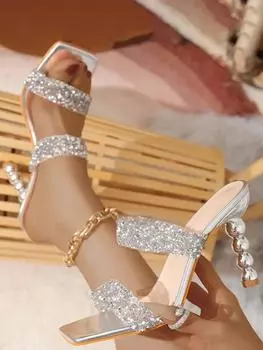 Сексуальные серебряные блестящие стразы ПВХ тапочки для женщин квадратный носок необычные босоножки на высоком каблуке летняя модная обувь для вечеринок 36