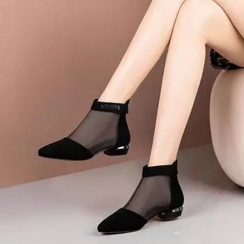 Сексуальные сетчатые ботильоны с острым носком, женские летние короткие черные ботинки на низком каблуке, дропшиппинг, дышащие ботинки для женщин, современные ботинки CN 35 чёрный