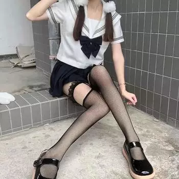 Сексуальные сетчатые чулки в сеточку, высокие чулки в стиле Лолиты для девочек, длинные носки, чулки в японском стиле с кружевом и бантом, высокие носки до колена белый