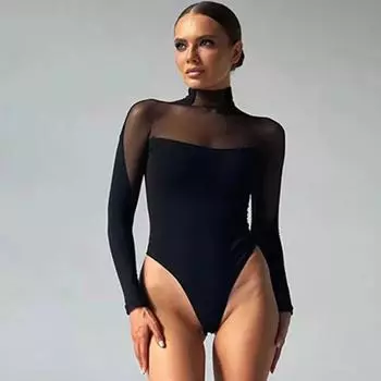 Сексуальные сетчатые комбинезоны с длинным рукавом в стиле пэчворк, женские модные новые прозрачные облегающие сексуальные комбинезоны с высокой талией, элегантные повседневные женские боди 25759 S чёрный