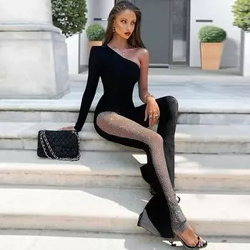 Сексуальные сетчатые лоскутные комбинезоны на одно плечо, женские элегантные однотонные узкие брюки-клеш, комбинезон, модная женская вечерние уличная одежда S чёрный