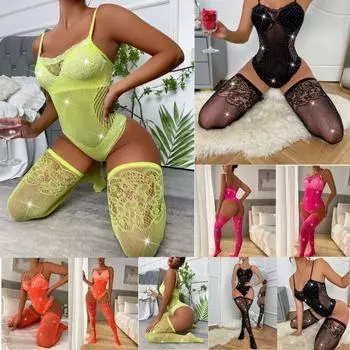 Сексуальные сетчатые стразы Слинги Боди Сексуальное белье Женские клубы Блеск Бриллианты Комплекты Сексуальное нижнее белье Чулки для тела S-XXXL