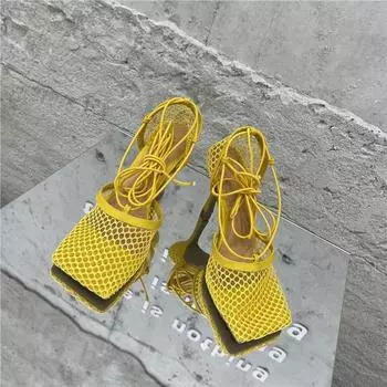 Сексуальные сетчатые туфли-лодочки женские сандалии с квадратным носком на высоком каблуке со шнуровкой на шпильке с крест-накрест 36 чёрный