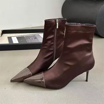 Сексуальные шелковые ботильоны на тонком низком каблуке с острым носком, женские туфли для вечеринок, модные элегантные весенние лаконичные короткие ботильоны на молнии 35