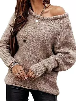 Сексуальные шерстяные свитера женские элегантные с круглым вырезом и открытыми плечами, с длинным рукавом, свободные женские пуловеры 2024 года, осенняя мода, женский трикотаж S абрикосовый