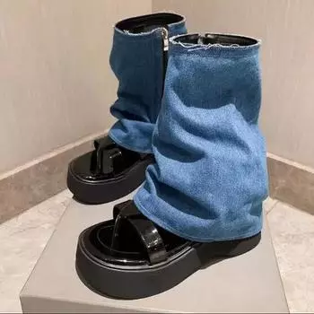 Сексуальные шлепанцы, сандалии, джинсовые синие ботинки на плоской платформе, женские туфли на плоской подошве в римском стиле, черные, белые 35