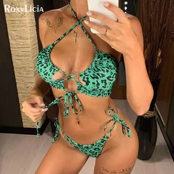 Сексуальные стринги с леопардовым принтом, женские купальники, женский купальник, комплект бикини на шнуровке, купальный костюм S чёрный