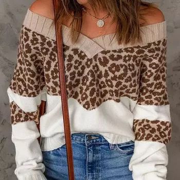 Сексуальные свитера с открытыми плечами, свободная одежда, теплые вязаные топы, модный пуловер с леопардовым принтом, осень и зима 29446 S чёрный