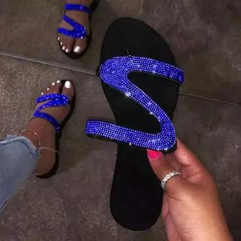 Сексуальные тапочки женские летние туфли пляжные неглубокие стразы женская обувь шлепанцы женские удобные тапочки Zapatos De Mujer 36 синий