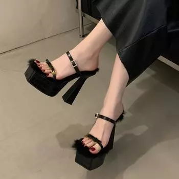 Сексуальные тапочки женские пушистые босоножки на платформе с металлической пряжкой на толстом каблуке туфли на высоком каблуке для вечеринок и танцев женские мюли 35