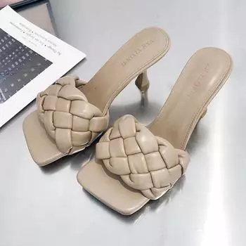 Сексуальные тапочки, женские сандалии на среднем каблуке, брендовые туфли-лодочки, новые летние трендовые модные шлепанцы, туфли с квадратным носком, повседневные женские шлепанцы 38 бежевый