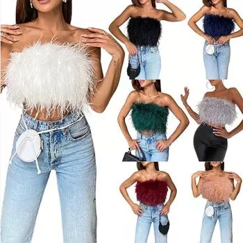 Сексуальные топы без бретелек с перьями, женские летние вечерние клубные пышные модные бюстье без рукавов, женские топы 2023 S белый