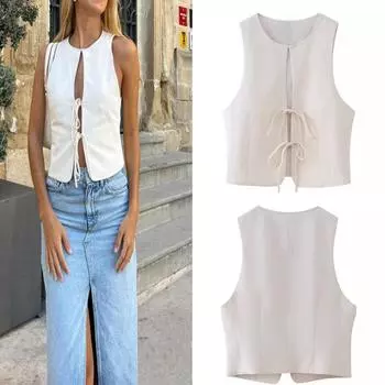 Сексуальные топы без рукавов с галстуком-бабочкой, женские тонкие летние жилеты с круглым вырезом, модная уличная одежда 2024, белые женские футболки XS слоновая кость