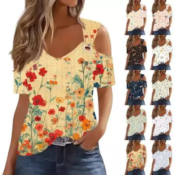 Сексуальные топы Cold Sholuder для женщин, летняя блузка с коротким рукавом и вырезом, свободная футболка с V-образным вырезом, модные повседневные туники L чёрный