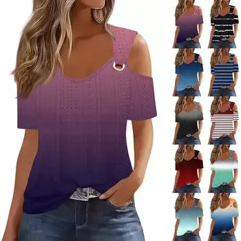 Сексуальные топы Cold Sholuder для женщин, летняя блузка с коротким рукавом и вырезом, свободная футболка с V-образным вырезом, модные повседневные туники L чёрный