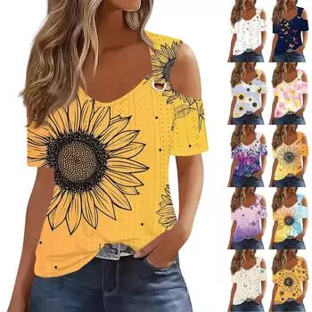 Сексуальные топы Cold Sholuder для женщин, летняя блузка с коротким рукавом и вырезом, свободная футболка с V-образным вырезом, модные повседневные туники L бежевый