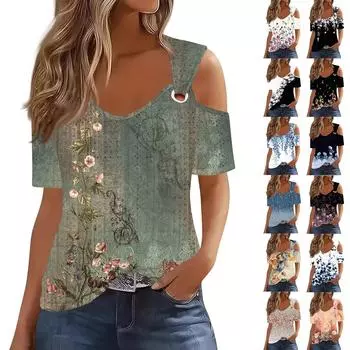 Сексуальные топы Cold Sholuder для женщин, летняя блузка с коротким рукавом и вырезом, свободная футболка с V-образным вырезом, модные повседневные туники M