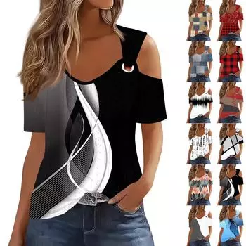 Сексуальные топы Cold Sholuder для женщин, летняя блузка с коротким рукавом и вырезом, свободная футболка с V-образным вырезом, модные повседневные туники L чёрный