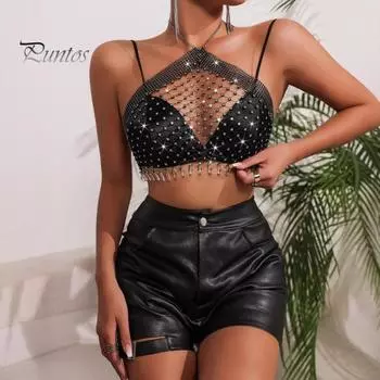Сексуальные топы с бретелькой через шею, укороченные топы без рукавов с открытой спиной, ажурная сетка, блестящие стразы, инкрустированные перспективным шейным ремешком S чёрный