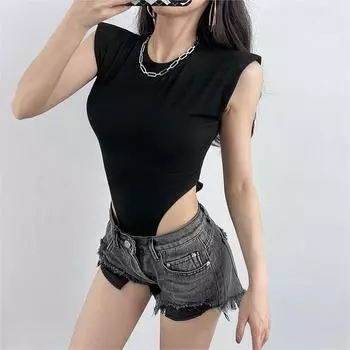Сексуальные топы женские 2024 летние цельные облегающие боди с подкладкой на плечах черные боди без рукавов для женщин белые S чёрный