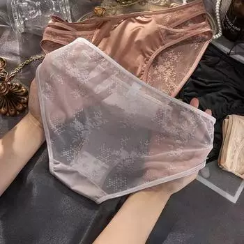 Сексуальные трусики с поясом для низкой талии, бесшовное нижнее белье из ледяного шелка, кружевные трусы без следов, нижнее белье с низкой талией, мягкое и удобное M коричневый
