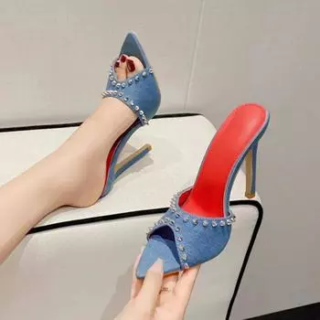 Сексуальные туфли Culb с заостренным носком и заклепками на высоком каблуке, дизайнерские туфли на тонком каблуке, женские современные сандалии, туфли на шпильках для вечеринок 35