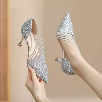 Сексуальные туфли цвета шампанского на высоком каблуке, блестящие свадебные туфли, простые элегантные женские туфли 42EU/CN43