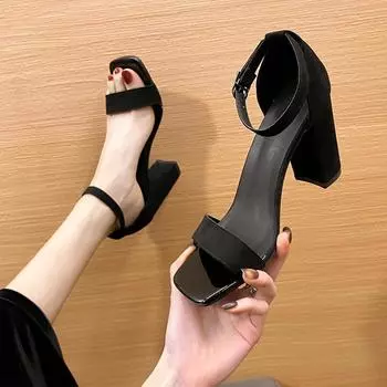 Сексуальные туфли-лодочки для женщин. Высокий каблук. Открытый носок. Замшевые туфли на толстом каблуке. Туфли для свадебной вечеринки. Женские сандалии-гладиаторы с пряжкой и ремешком. Размеры 35-43. Черный цвет. 35 чёрный