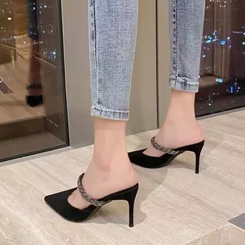 Сексуальные туфли-лодочки на шпильке с открытой пяткой, шлепанцы, женские летние шлепанцы, модные черные сандалии из флока со стразами на высоком каблуке 33