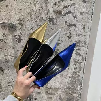 Сексуальные туфли на низком каблуке женские весна и осень новые девушки однотонные туфли на тонком каблуке с острым носком Escarpins Tacones Mujer Talon Femme 35 золотой