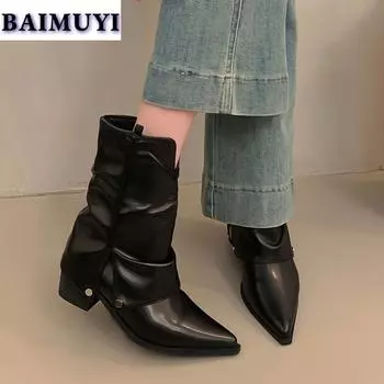 Сексуальные туфли на среднем каблуке с острым носком, женские ботильоны, тренд 2025 года, массивные модные туфли-лодочки для офиса, новые туфли для вечеринок в стиле панк-женщины 35 коричневый