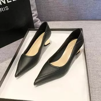 Сексуальные туфли на среднем каблуке с острым носком, женская обувь на толстом каблуке, туфли-лодочки на весну и осень для женщин, туфли на каблуках, однотонные, женские 35 чёрный