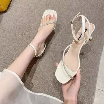 Сексуальные туфли на высоком каблуке с ремешками, женские односложные сандалии со стразами, женские босоножки на высоком каблуке в корейском стиле на шпильке 34 бежевый