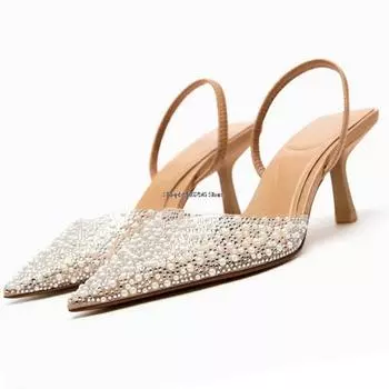 Сексуальные туфли на высоком каблуке женские летние босоножки модные украшения из жемчуга женские босоножки с открытой пяткой туфли на высоком каблуке элегантные женские туфли на высоком каблуке 35 абрикосовый